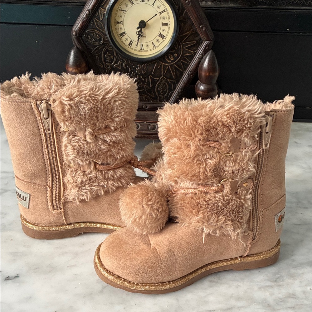 Cozy Tan Kids Boots with Pom Poms - Picture 5 of 11
